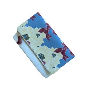 Rachel Pally Bloom Floral Canvas Zip Tassel Folded Clutch Handbag Blue Yellow